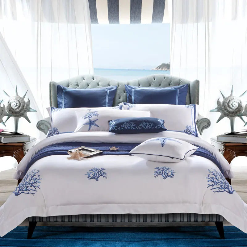 Seaside Serenity: Egyptian Cotton Embroidery Bedding Set