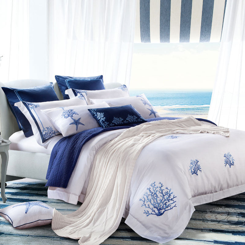 Seaside Serenity: Pure Cotton Embroidery Bedding Set