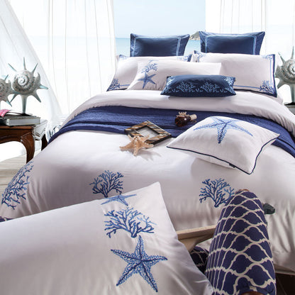 Seaside Serenity: Pure Cotton Embroidery Bedding Set