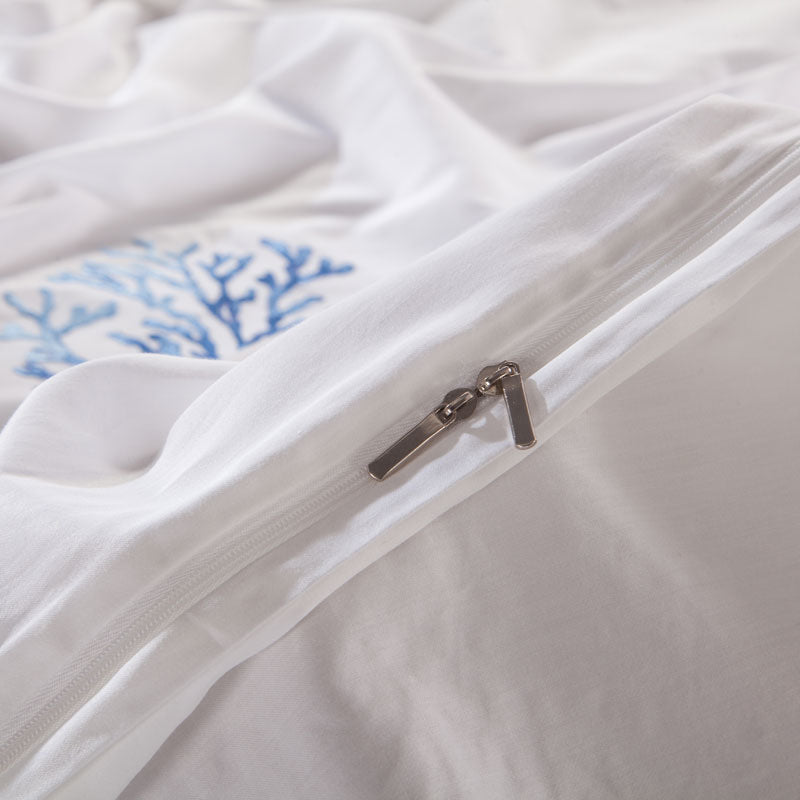 Seaside Serenity: Pure Cotton Embroidery Bedding Set