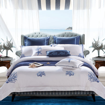 Seaside Serenity: Pure Cotton Embroidery Bedding Set