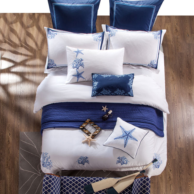 Seaside Serenity: Pure Cotton Embroidery Bedding Set